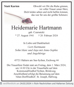 Traueranzeige Heidemarie Hartmann